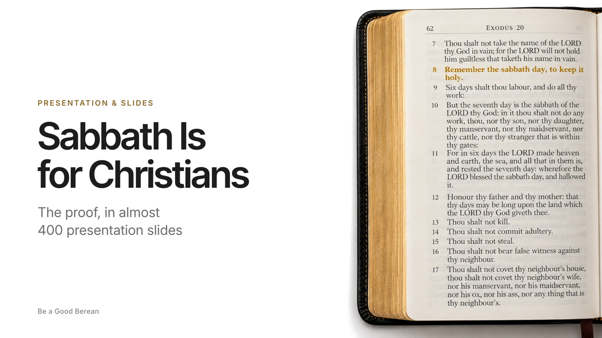 Sabbath Is for Christians cover: an open Bible at Exodus 20, Remember the sabbath day, to keep it holy